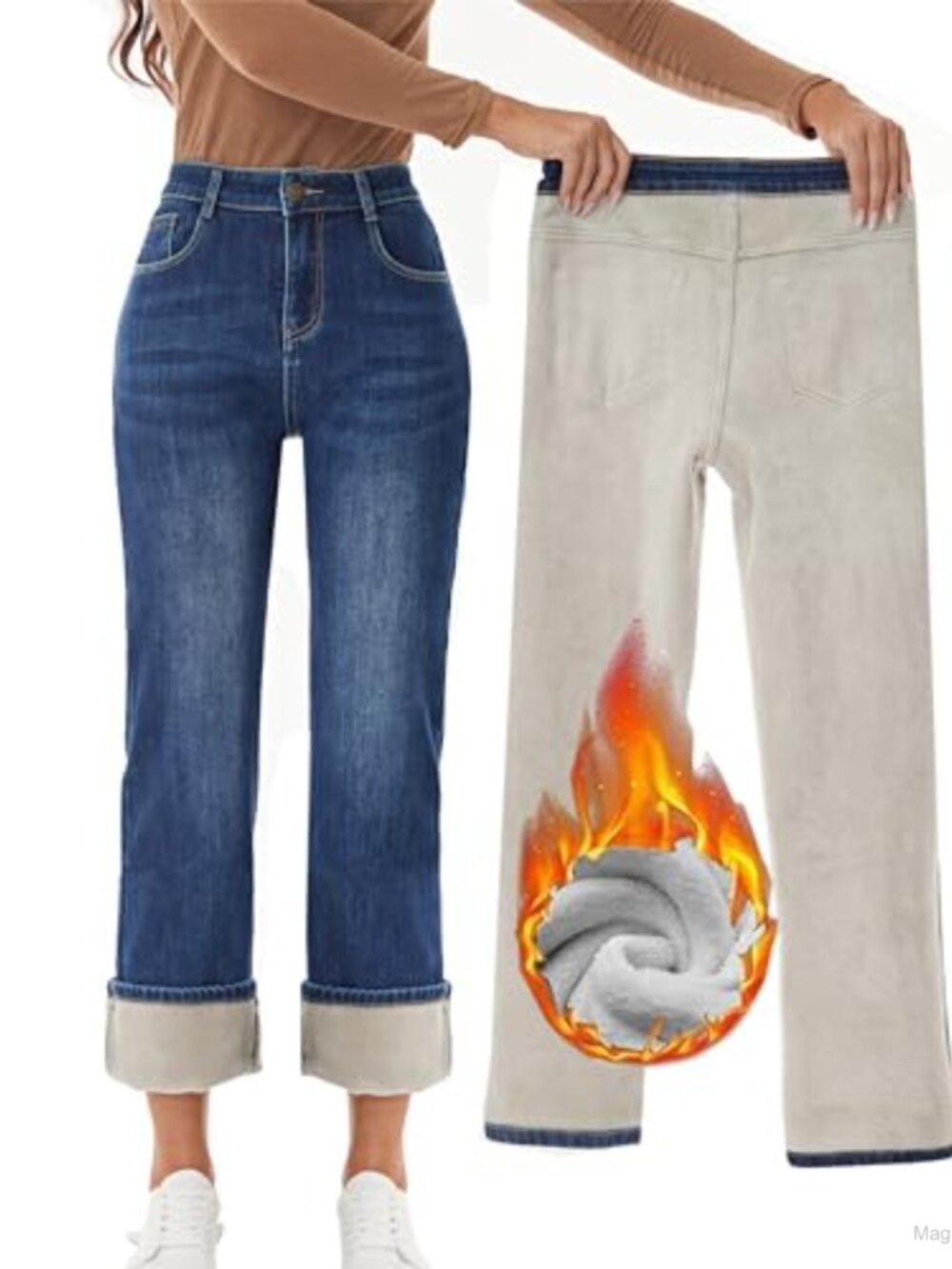Fleece Lined Jeans Women Wide Leg High Rise Thermal Winter Pants